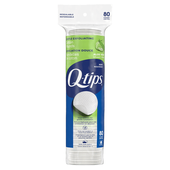 Q-tips Gentle Exfoliating 100% Cotton Rounds, Lint-Free Makeup Remover, Cleaning and Skin Care Pads, 80 Count