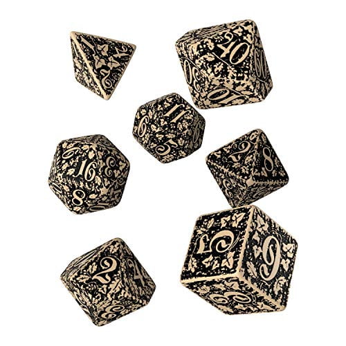 Q WORKSHOP Set De Dados Enanos Beige Y Negro – 7 Dados Poliédricos Decorados Con Grabados, Para Juegos De Rol Como D&D Y Pathfinder