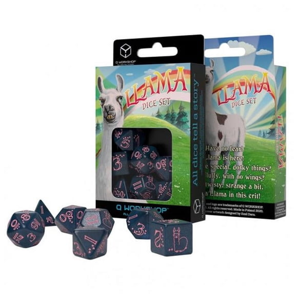 Q-Workshop QWOSLLA3E Sparkling Llama Glitter Dark Blue & Pink Dice, Set of 7