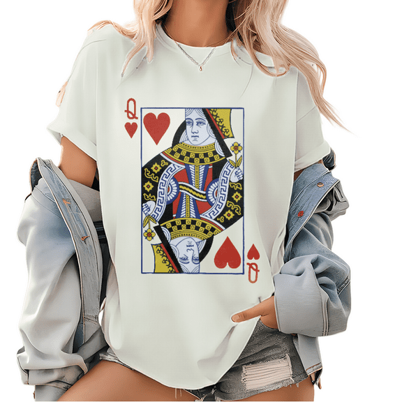 Q of Hearts Graphic Tees Unisex Vintage Feminist Print T Shirts Playing Cards Tops for Daily Outfits White,S