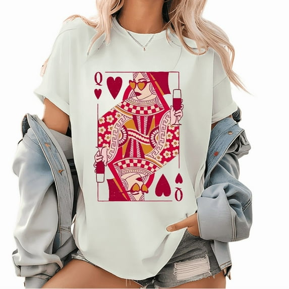 Q of Hearts Print T Shirt Graphic Tees Vintage Valentine Pattern Tops Cotton Short Sleeve Round Neck White S-5XL