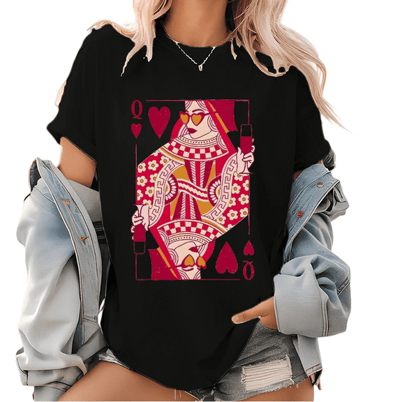 Q of Hearts Print T Shirt Graphic Tees Vintage Valentine Pattern Tops Cotton Short Sleeve Shirts Black S-5XL