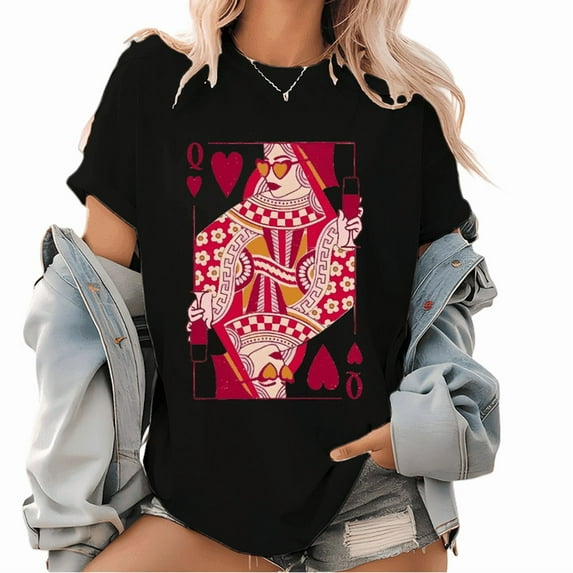 Q of Hearts Print T Shirt Graphic Tees Vintage Valentine Pattern Tops Cotton Short Sleeve Shirts Black S-5XL