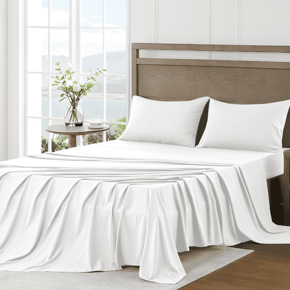 4 Piece Bed Sheet Set, Queen Size Upgraded Cooling Deep Pocket Comfy Breathable Hotel Luxury Bedding, Extra Soft Wrinkle Free Sheets Cover, Queen Sheets up to 16 inch, White