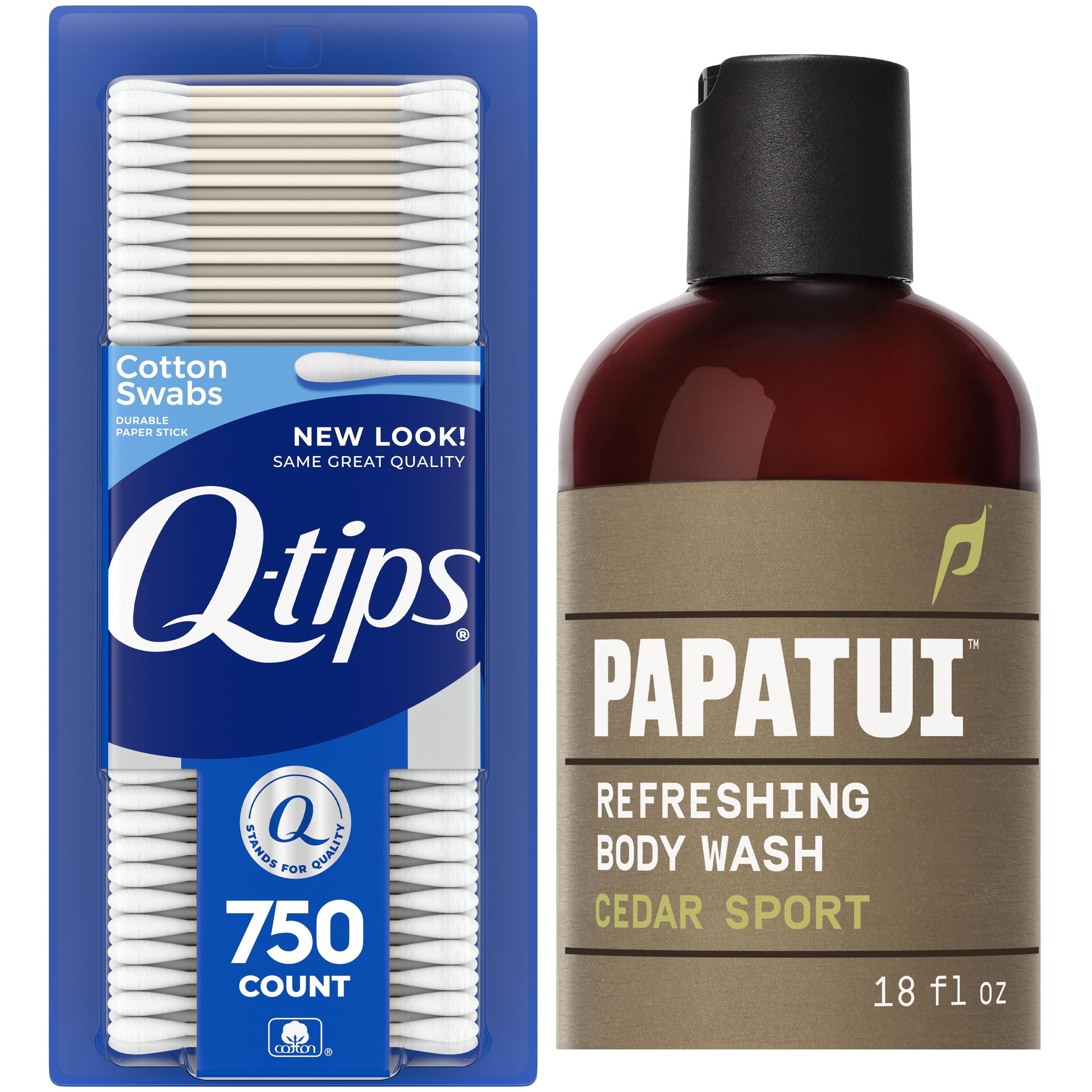 Q-tips Cotton Swabs, Original, For Home, First Aid and Beauty, 100% Cotton & Papatui, Men's Body Wash, Cedar Sport, Exfoliating, Hydrating, Made with Coconut Oil Bundle