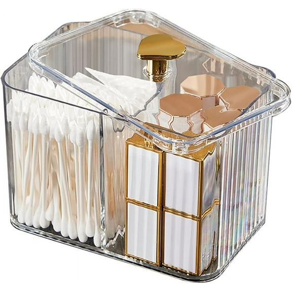 Q-tips Holder Bathroom Container,3-Section Cotton Ball/Swabs Dispenser,3 Grids Apothecary Jar Organizer, Cosmetics Storage