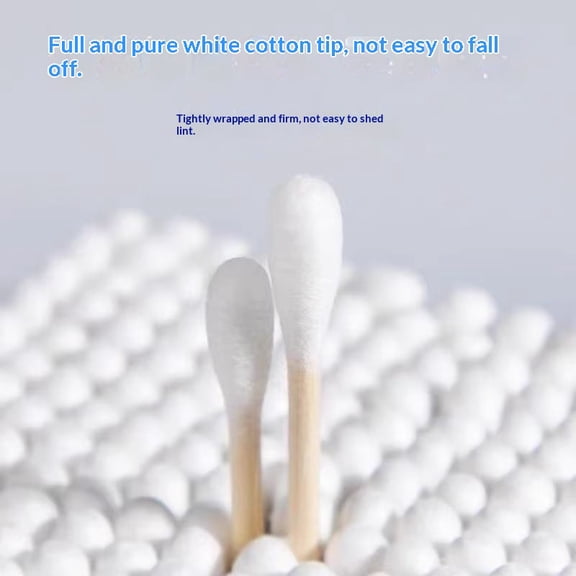 Q-tips for ear cleaning, makeup application, wooden sticks, cotton swabs, dual-tip cotton swabs, disposable, non-sterile cotton sticks.