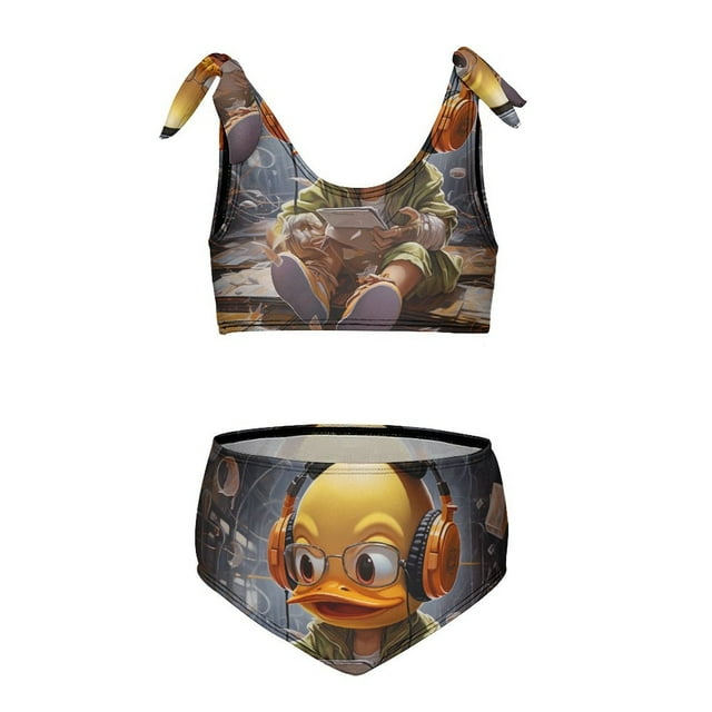 Q-version Funny Little Yellow Duck Girls' 2-Piece Tankini Swimsuit