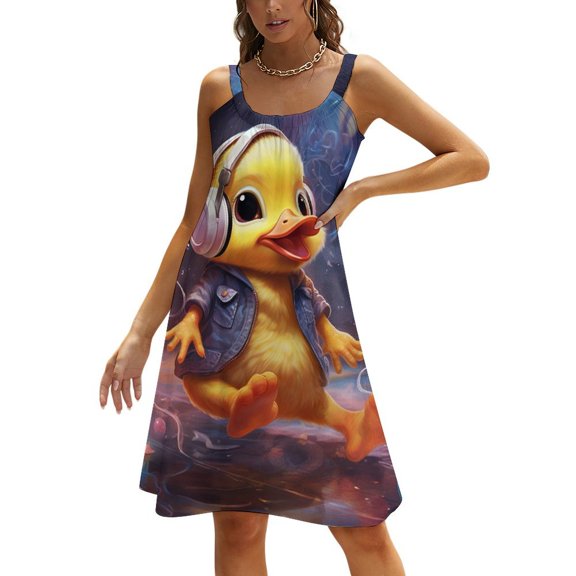 Q-version Funny Little Yellow Duck Women's Summer Dresses 2025 Beach Casual Sleeveless Floral Print Tank Loose Sundress