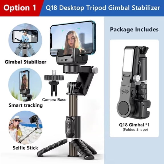 Q18 3-in-1 Handheld Smart Tracking Gimbal Stabilizer with Fill Light, Extendable Selfie Stick & Tripod for iPhone Android Smartphones, 360    Rotation for Live Video Photography