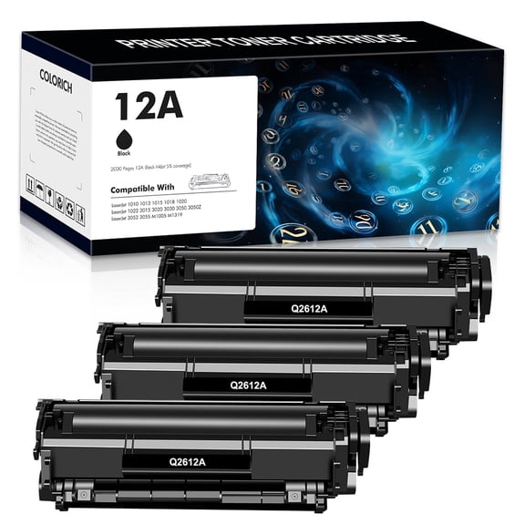 Q2612A 12A Toner Cartridge 12A Q2612A Laserjet 1020 1022 3050 1010 1012 1015 1018 3015 3020 3030 3050Z 3052 3055 M1005MFP M1319MFP Printer Ink, Sold by Colorich (3-Pack, Black)