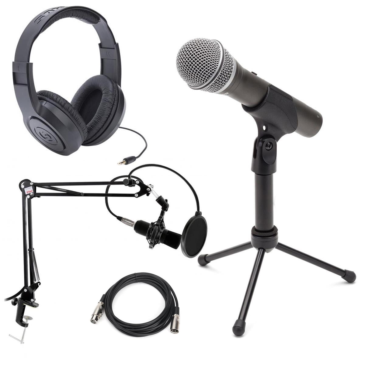 Q2U Recording and Podcasting Pack with USB/XLR Dynamic Microphone - Bundle With Pyle PMKSH01 Desktop Suspension Microphone Boom Stand, Samson SR350 Over-Ear Stereo Headphones, 20' XLR Mic Ca