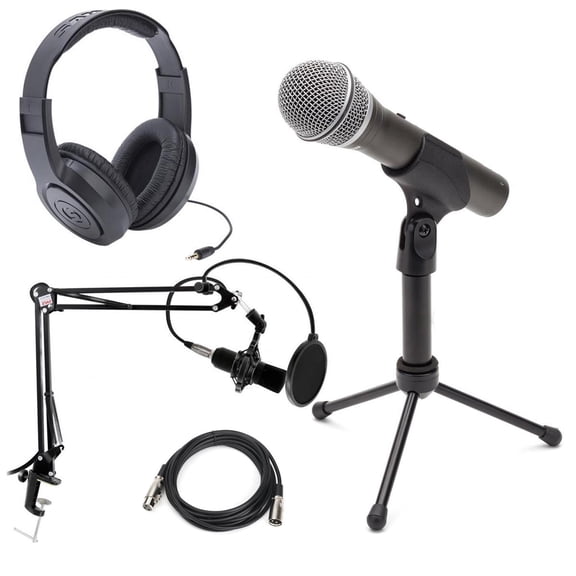 Q2U Recording and Podcasting Pack with USB/XLR Dynamic Microphone - Bundle With Pyle PMKSH01 Desktop Suspension Microphone Boom Stand, Samson SR350 Over-Ear Stereo Headphones, 20' XLR Mic Ca