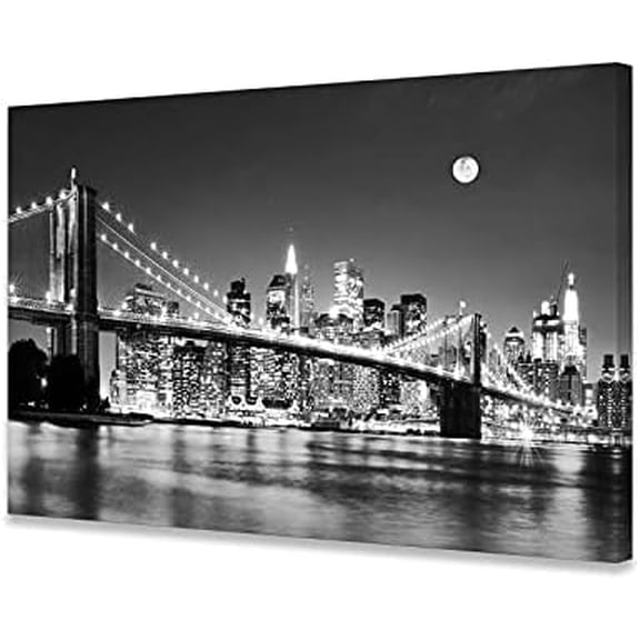 -Q30369 Brooklyn Bridge Night View 1 Panels Landscape Artwork Canvas Prints Moon Night New York City Scene Picture Paintings Black and white Wall Art for Oiffce Home Decorations Wall Decor