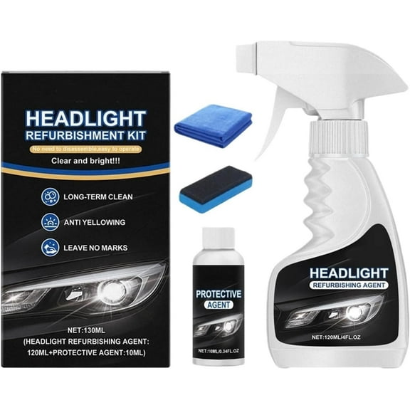 Q4 Headlight Restoration Kit, Automotive Headlamp Restoration Fluid Set with Clear Coat & Polishing Sponge, Multifunctional Car Headlight Cleaner and Repair Kit for Oxidized, Yellowed, Cloudy Lights