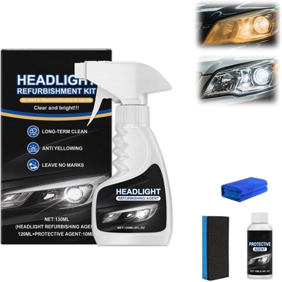Headlight Restoration Spray Kit with Clear Coat & Polishing Sponge, Professional Headlight Cleaner and Restorer for Oxidized, Yellowed, and Cloudy Automotive Headlights