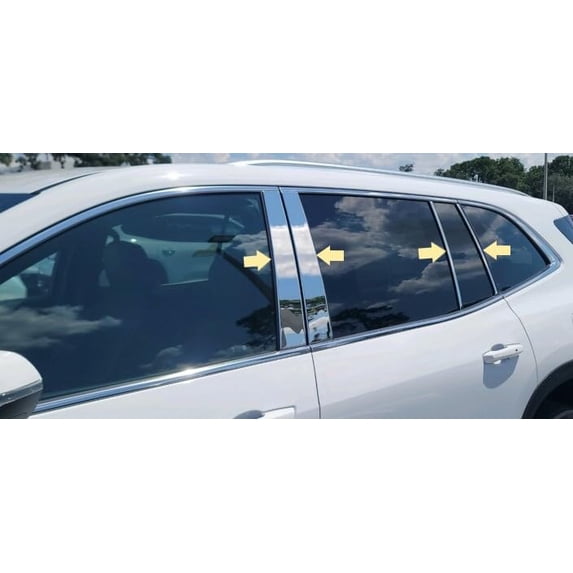 QAA part PP64427 is a 8 piece Stainless Steel Pillar Post Trim that is compatible with GMC Acadia & Chevrolet Traverse 2024-2025, 4-door, SUV