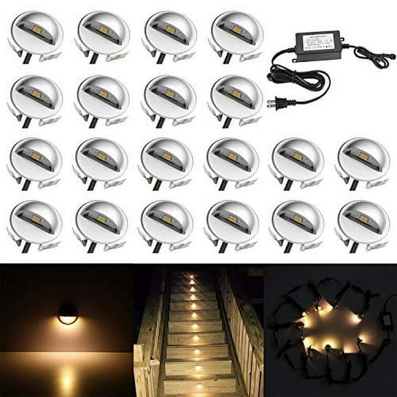 QACA 20 Pack LED Stair Lights Kit Low Voltage Landscape Lights Waterproof IP65 Outdoor 1-2/5" Recessed Wood LED Deck Lighting Yard Garden Patio Step Landscape Pathway Decor Lamps, Warm White