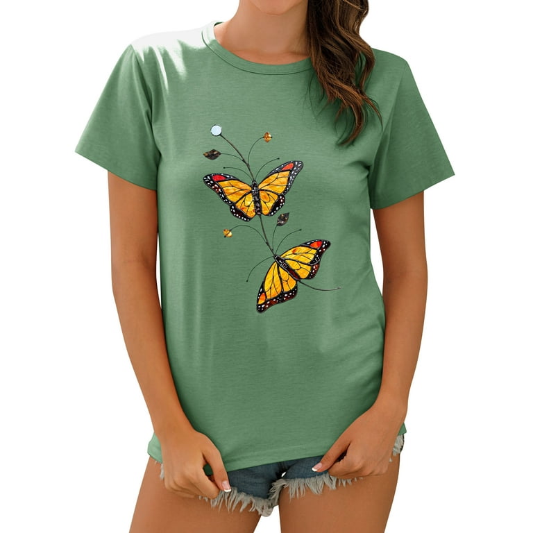 QAFOPEH Women Butterfly Graphic Print Short Sleeve Round Neck Casual T-Shirt
