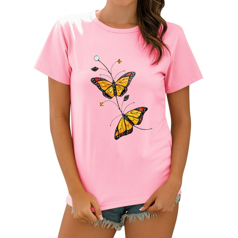 QAFOPEH Women Butterfly Graphic Print Short Sleeve Round Neck Casual T-Shirt