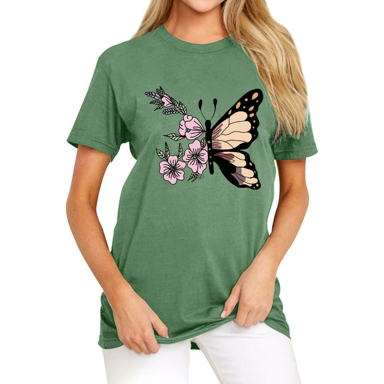 QAFOPEH Women Butterfly Print Short Sleeve Round Neckline Solid T-Shirt