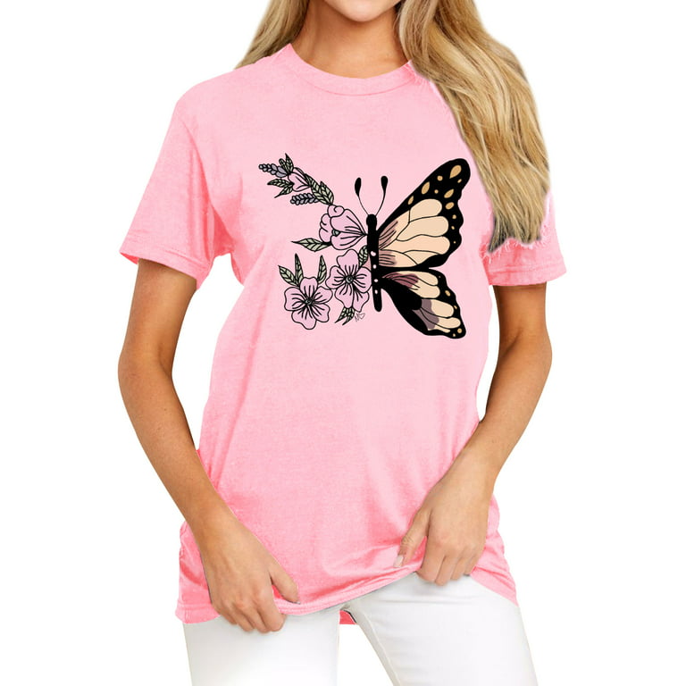 QAFOPEH Women Butterfly Print Short Sleeve Round Neckline Solid T
