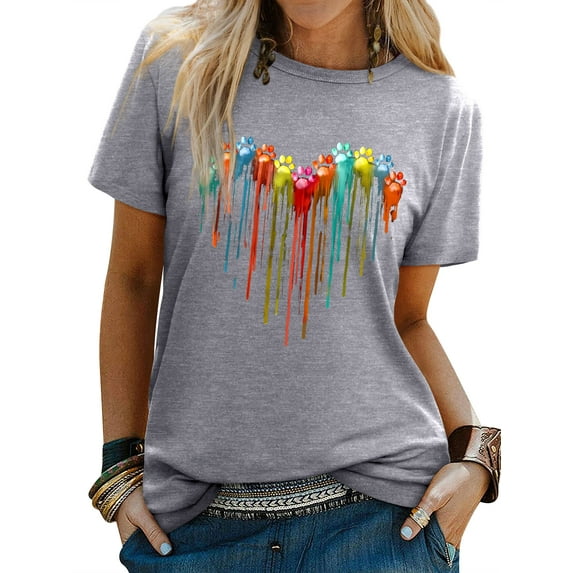 QAFOPEH Women Cat Paw Heart Print Round Neck Short Sleeve Summer Top