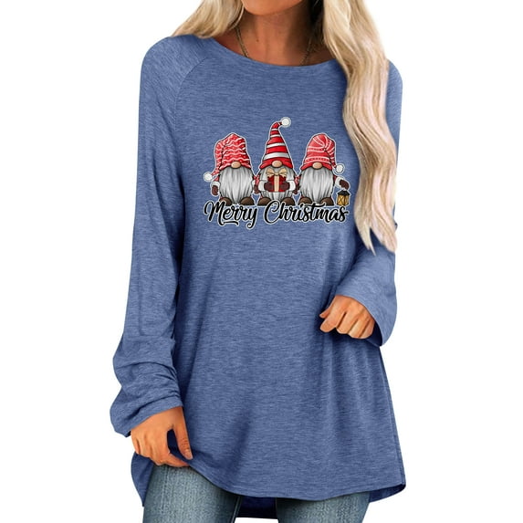 QAFOPEH Women Christmas Printed Round Neck Raglan Long Sleeve High-Low Hem Top