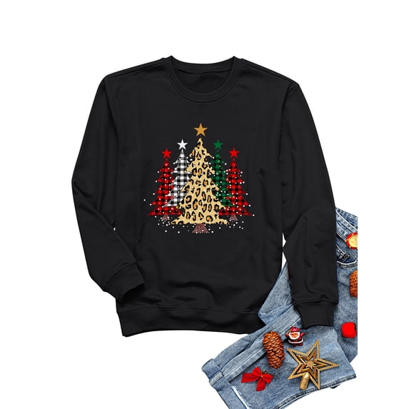 QAFOPEH Women Christmas Tree Printed Crew Neck Long Sleeve Solid Color Sweatshirt
