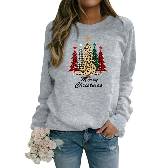 QAFOPEH Women Christmas Tree Printed Crew Neck Long Sleeve Solid Color Sweatshirt