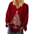 thumbnail image 1 of QAFOPEH Women Christmas Tree Printed V Neck Long Sleeve Solid Color Top, 1 of 3