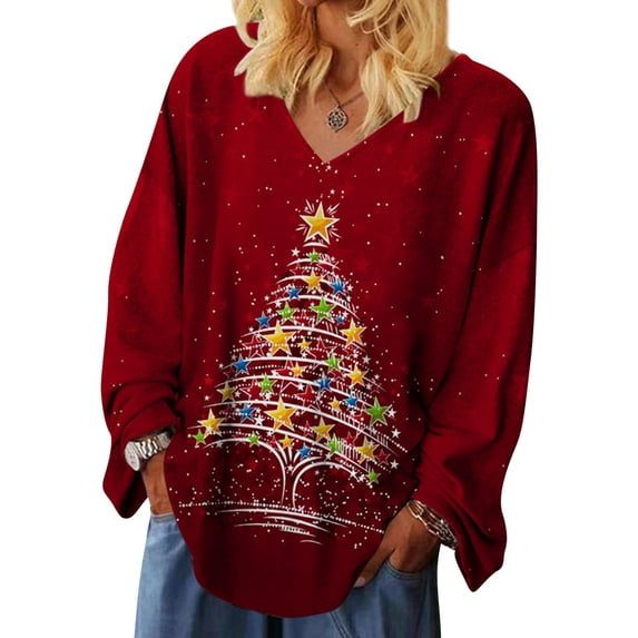 QAFOPEH Women Christmas Tree Printed V Neck Long Sleeve Solid Color Top