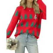 QAFOPEH Women Christmas Tree Sequin Printed Crew Neck Long Sleeve Knitted Sweater