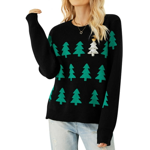 QAFOPEH Women Christmas Tree Sequin Printed Crew Neck Long Sleeve Knitted Sweater