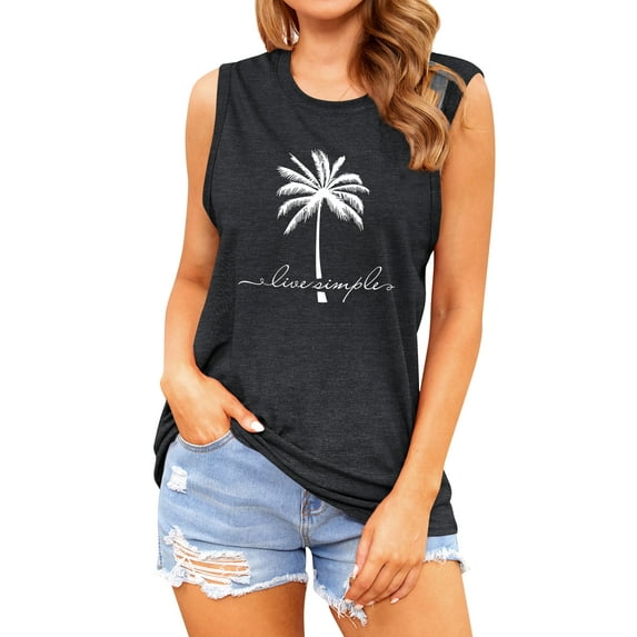 QAFOPEH Women Coconut Tree Printed Round Neck Sleeveless Solid Color Tank Top