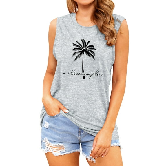QAFOPEH Women Coconut Tree Printed Round Neck Sleeveless Solid Color Tank Top