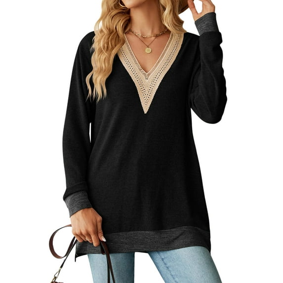 QAFOPEH Women Contrast Color Lace V Neck Long Sleeve Side Slit Casual Top