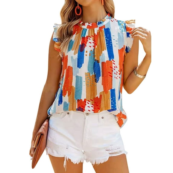 QAFOPEH Women Contrast Color Mock Neck Ruffle Bell Sleeve Keyhole Back Chiffon Top