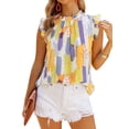 thumbnail image 1 of QAFOPEH Women Contrast Color Mock Neck Ruffle Bell Sleeve Keyhole Back Chiffon Top, 1 of 6