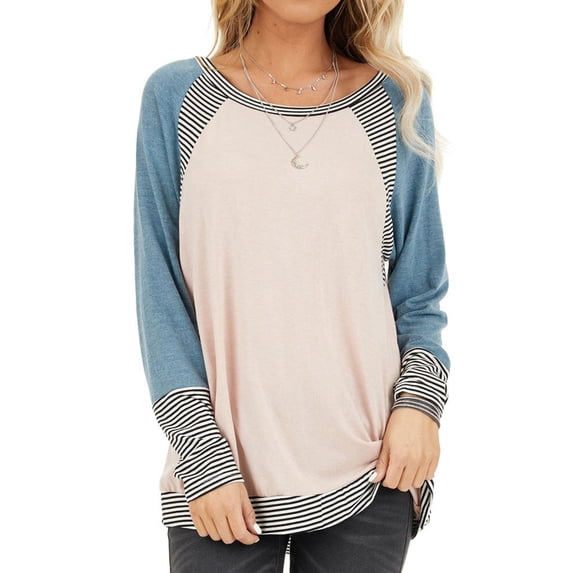 QAFOPEH Women Crew Neck Raglan Sleeve Stripes Patchwork Color Block Top
