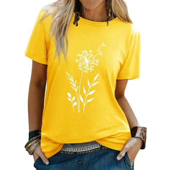 QAFOPEH Women Cute Dandelion Graphic Round Neck Short Sleeve Summer T-Shirt
