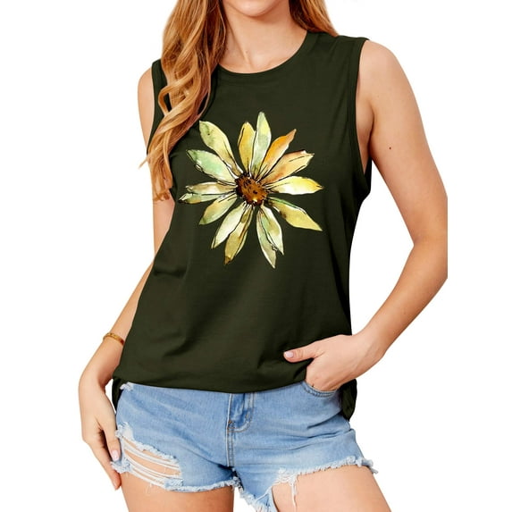QAFOPEH Women Daisy Graphic Print Crew Neck Sleeveless Casual Tank Top