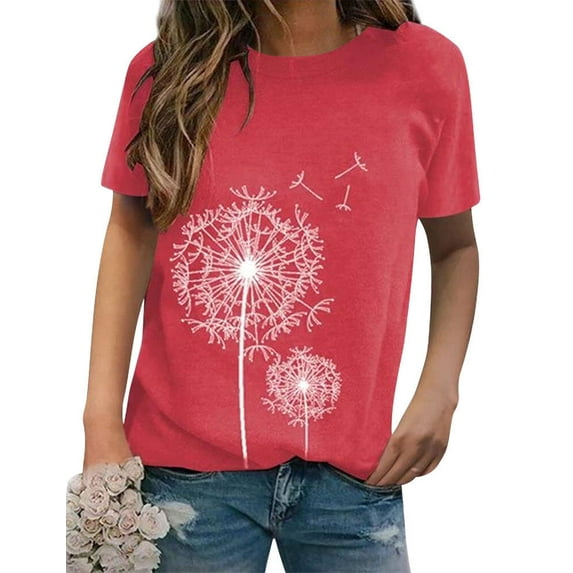 QAFOPEH Women Dandelion Graphic Printing Round Neck Short Sleeve Top