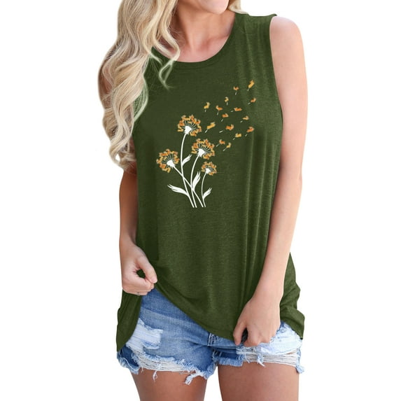 QAFOPEH Women Dandelion Printed Round Neck Sleeveless Summer Tank Top