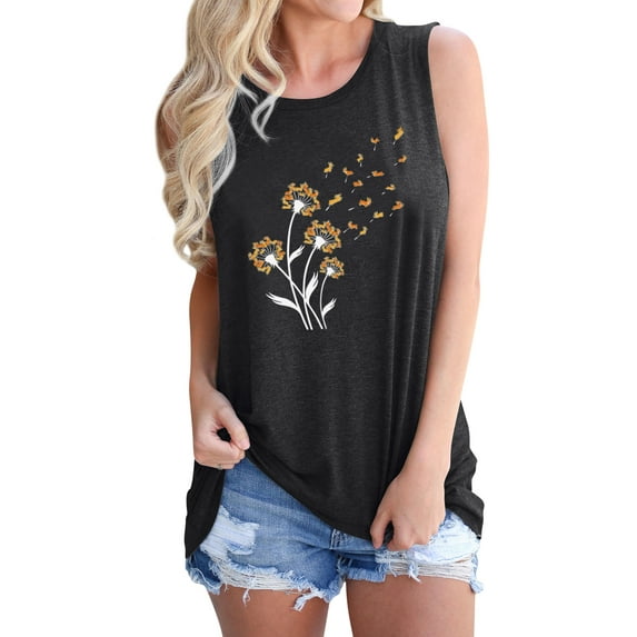 QAFOPEH Women Dandelion Printed Round Neck Sleeveless Summer Tank Top