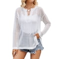 thumbnail image 1 of QAFOPEH Women Drawstring V Neck Crochet Cutout Long Sleeve Slit Hem Knitted Cover Up, 1 of 7