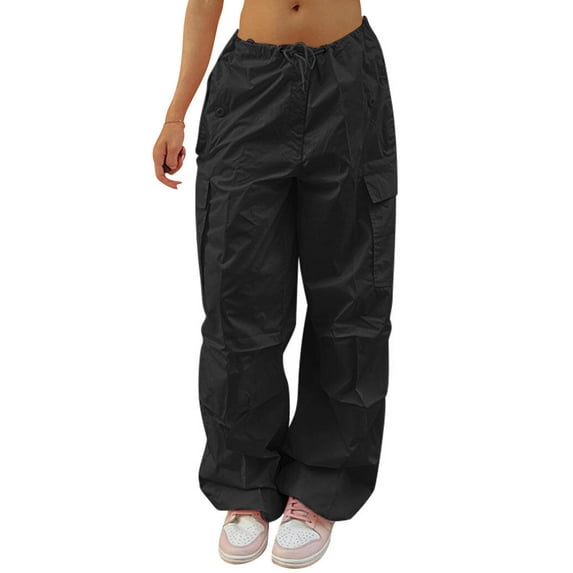 QAFOPEH Women Drawstring Waist Cargo Pants Loose Straight Jogger Pants With Pocket