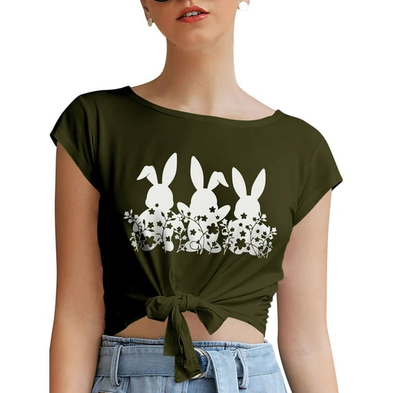 QAFOPEH Women Easter Bunny Rabbit Printed Crew Neck Short Sleeve Front Knot T-Shirt