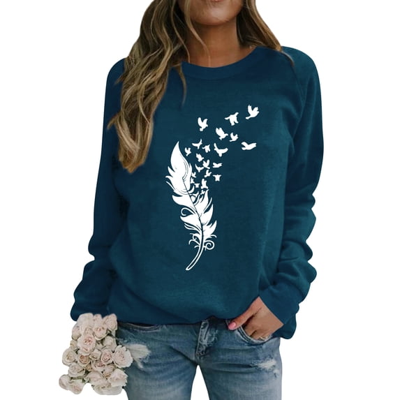 QAFOPEH Women Feather Birds Printing Round Neck Long Sleeve Sweatshirt Tops