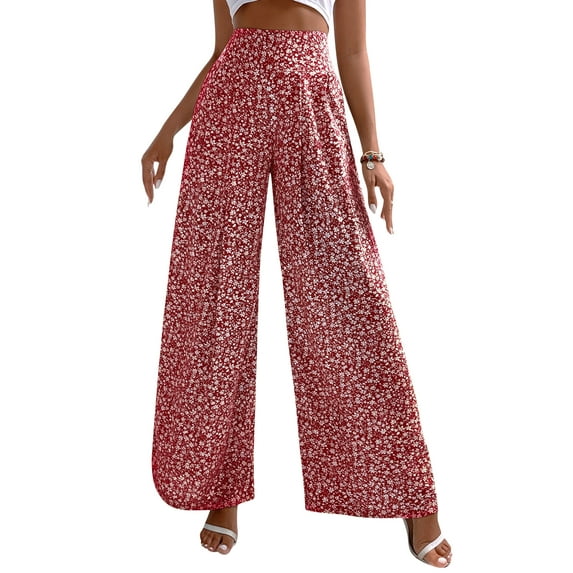 QAFOPEH Women Floral Graphic High Waisted Wide Leg Printed Casual Baggy Long Pants